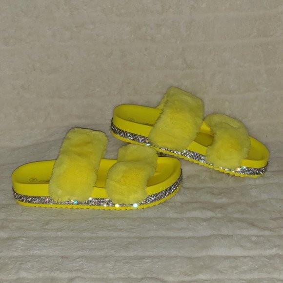 Fur Baby Yellow Soft Furry Double Band Slip on Rhinestone Trim Sandals Slippers - Picture 13 of 14